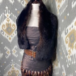 Ralph Lauren Vintage Brown Ruched Silk Taffeta Pheasant Feather Cocktail Dress